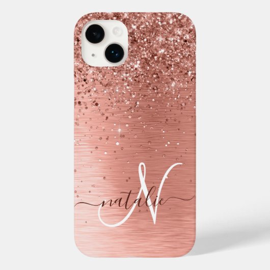 Rose Gold Brushed Metal Glitzer Monogram Name Case-Mate iPhone Hülle (Rückseite)