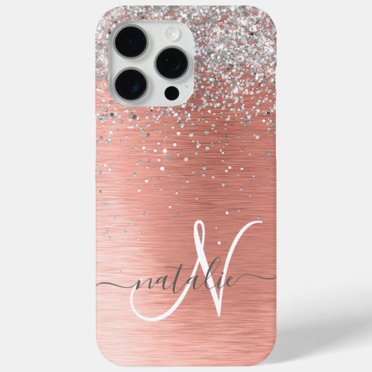 Rose Gold Brushed Metal Glitzer Monogram Name Case-Mate iPhone Hülle (Rückseite)