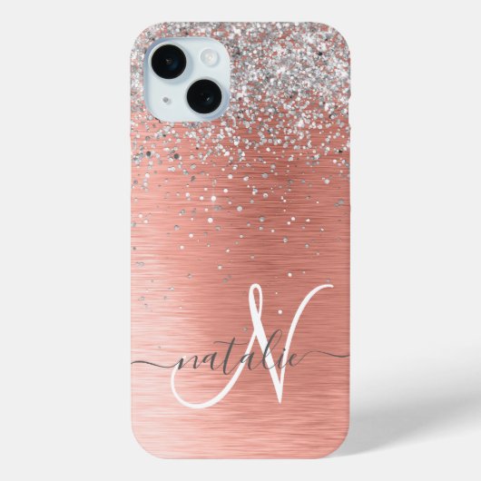 Rose Gold Brushed Metal Glitzer Monogram Name Case-Mate iPhone Hülle (Rückseite)