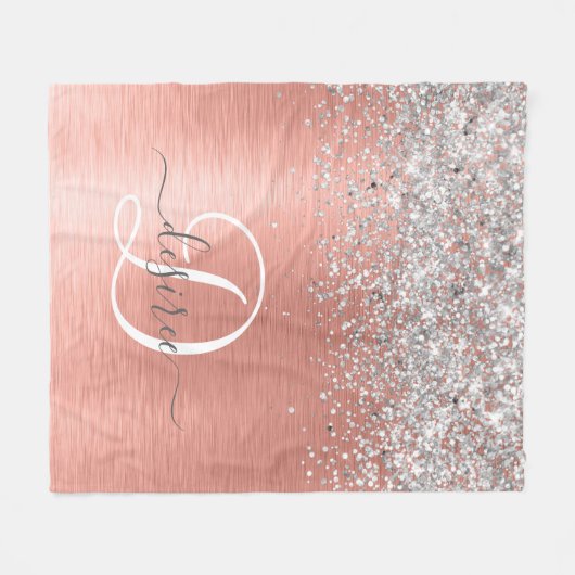 Rose Gold Brushed Metal Glitzer Monogram Name Fleecedecke (Vorderseite (Horizontal))