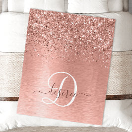 Rose Gold Brushed Metal Glitzer Monogram Name Fleecedecke