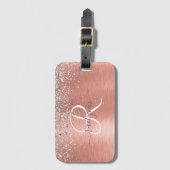 Rose Gold Brushed Metal Glitzer Monogram Name Gepäckanhänger (Vorderseite Vertikal)