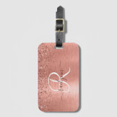 Rose Gold Brushed Metal Glitzer Monogram Name Gepäckanhänger (Vorderseite Vertikal)