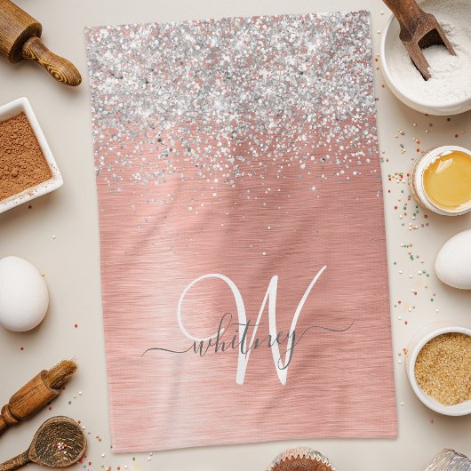 Rose Gold Brushed Metal Glitzer Monogram Name Geschirrtuch