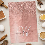 Rose Gold Brushed Metal Glitzer Monogram Name Geschirrtuch<br><div class="desc">Dieses schicke Küchenhandtücher-Design mit hübschem vergoldetem Glitzer aus Rose auf einer Rose mit goldfarbenem,  metallischem Hintergrund ist einfach zu personalisieren.</div>