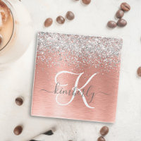 Rose Gold Brushed Metal Glitzer Monogram Name