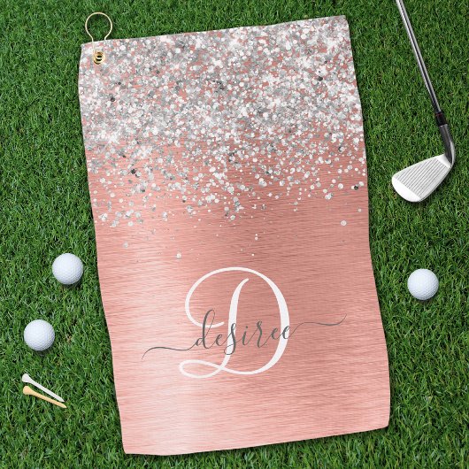 Rose Gold Brushed Metal Glitzer Monogram Name Golfhandtuch