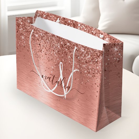 Rose Gold Brushed Metal Glitzer Monogram Name Große Geschenktüte