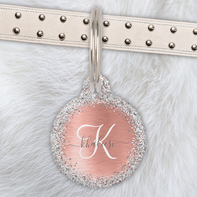 Rose Gold Brushed Metal Glitzer Monogram Name Haustiermarke (Von Creator hochgeladen)