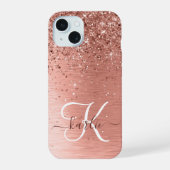 Rose Gold Brushed Metal Glitzer Monogram Name iPhone 15 Hülle (Rückseite)