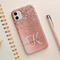 Rose Gold Brushed Metal Glitzer Monogram Name
