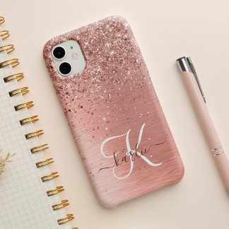Rose Gold Brushed Metal Glitzer Monogram Name iPhone 15 Hülle