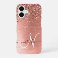 Rose Gold Brushed Metal Glitzer Monogram Name