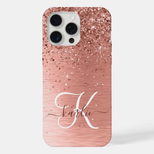 Rose Gold Brushed Metal Glitzer Monogram Name iPhone Hülle (Rückseite)