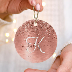 Rose Gold Brushed Metal Glitzer Monogram Name Keramik Ornament