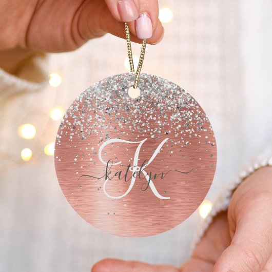 Rose Gold Brushed Metal Glitzer Monogram Name Keramik Ornament