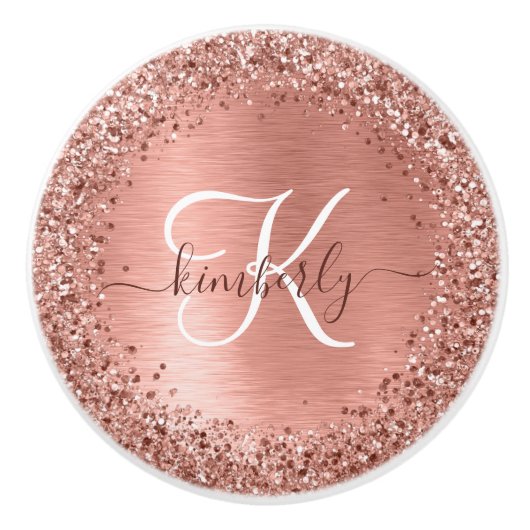 Rose Gold Brushed Metal Glitzer Monogram Name Keramikknauf (Vorderseite)