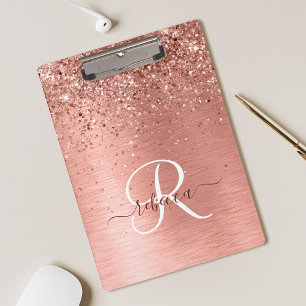 Rose Gold Brushed Metal Glitzer Monogram Name Klemmbrett