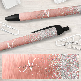 Rose Gold Brushed Metal Glitzer Monogram Name Kugelschreiber