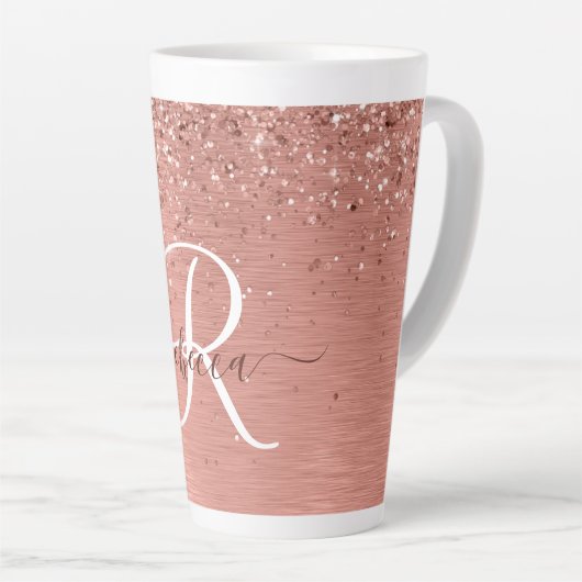 Rose Gold Brushed Metal Glitzer Monogram Name Milchtasse (Rechte Ecke)