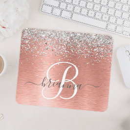 Rose Gold Brushed Metal Glitzer Monogram Name Mousepad