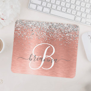 Rose Gold Brushed Metal Glitzer Monogram Name Mousepad