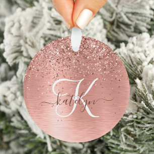 Rose Gold Brushed Metal Glitzer Monogram Name Ornament