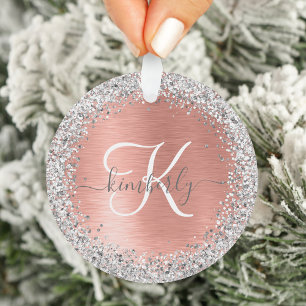 Rose Gold Brushed Metal Glitzer Monogram Name Ornament