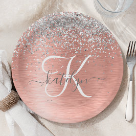 Rose Gold Brushed Metal Glitzer Monogram Name Pappteller