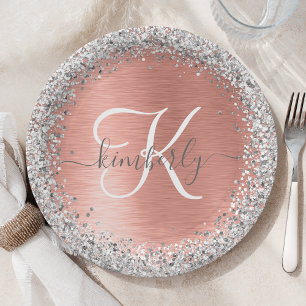 Rose Gold Brushed Metal Glitzer Monogram Name Pappteller