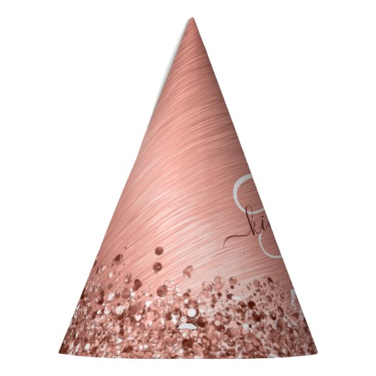 Rose Gold Brushed Metal Glitzer Monogram Name Partyhütchen (Links)