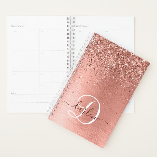 Rose Gold Brushed Metal Glitzer Monogram Name Planer (Anzeige)