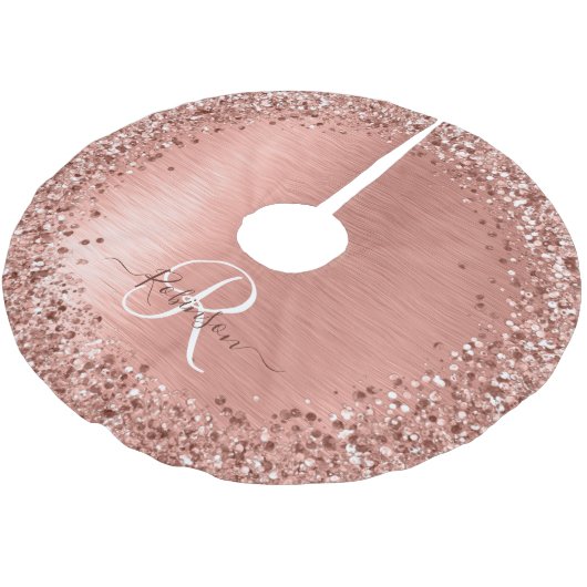 Rose Gold Brushed Metal Glitzer Monogram Name Polyester Weihnachtsbaumdecke (Schrägansicht)