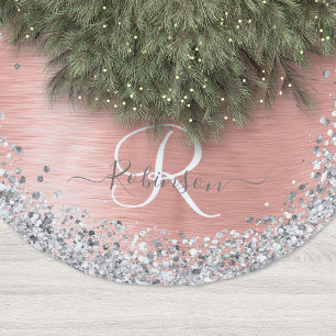 Rose Gold Brushed Metal Glitzer Monogram Name Polyester Weihnachtsbaumdecke