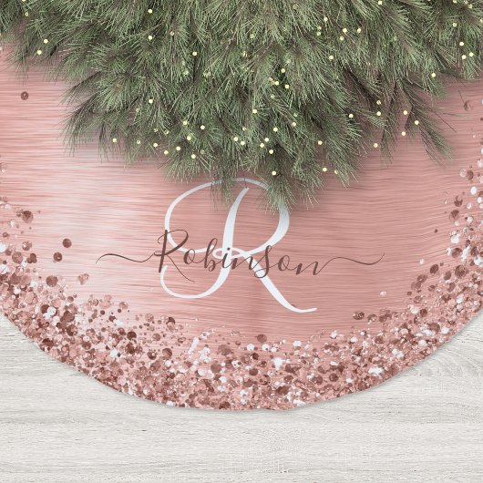 Rose Gold Brushed Metal Glitzer Monogram Name Polyester Weihnachtsbaumdecke