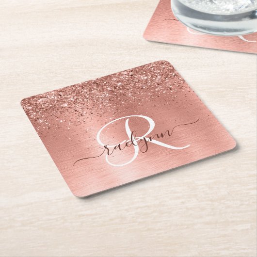 Rose Gold Brushed Metal Glitzer Monogram Name Rechteckiger Pappuntersetzer (angewinkelt)