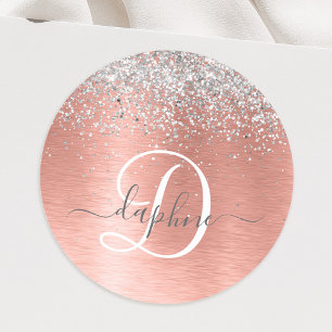 Rose Gold Brushed Metal Glitzer Monogram Name Runder Aufkleber