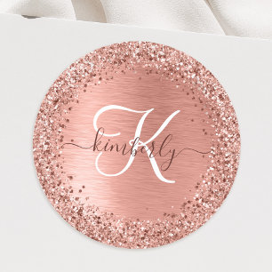 Rose Gold Brushed Metal Glitzer Monogram Name Runder Aufkleber