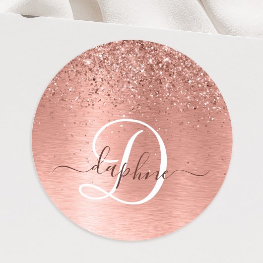 Rose Gold Brushed Metal Glitzer Monogram Name Runder Aufkleber
