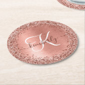 Rose Gold Brushed Metal Glitzer Monogram Name Runder Pappuntersetzer (Angewinkelt)