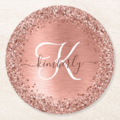 Rose Gold Brushed Metal Glitzer Monogram Name Runder Pappuntersetzer (Vorderseite)