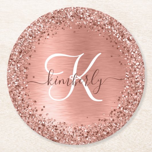 Rose Gold Brushed Metal Glitzer Monogram Name Runder Pappuntersetzer (Vorderseite)