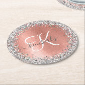 Rose Gold Brushed Metal Glitzer Monogram Name Runder Pappuntersetzer (Angewinkelt)