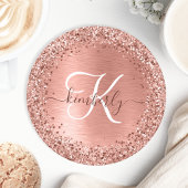 Rose Gold Brushed Metal Glitzer Monogram Name Runder Pappuntersetzer