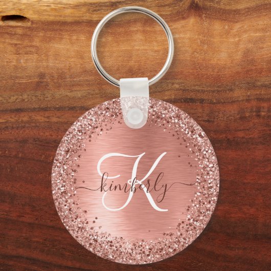 Rose Gold Brushed Metal Glitzer Monogram Name Schlüsselanhänger (Vorderseite)