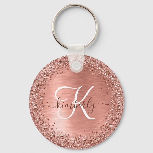 Rose Gold Brushed Metal Glitzer Monogram Name Schlüsselanhänger (Rückseite)