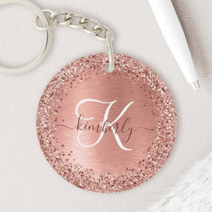 Rose Gold Brushed Metal Glitzer Monogram Name Schlüsselanhänger