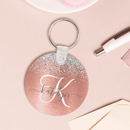 Rose Gold Brushed Metal Glitzer Monogram Name Schlüsselanhänger