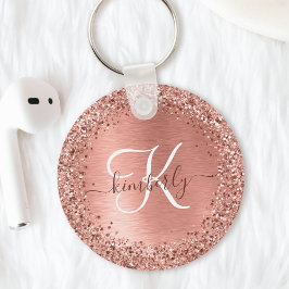 Rose Gold Brushed Metal Glitzer Monogram Name Schlüsselanhänger