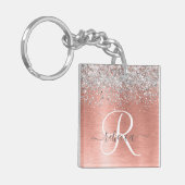 Rose Gold Brushed Metal Glitzer Monogram Name Schlüsselanhänger (Vorderseite links)